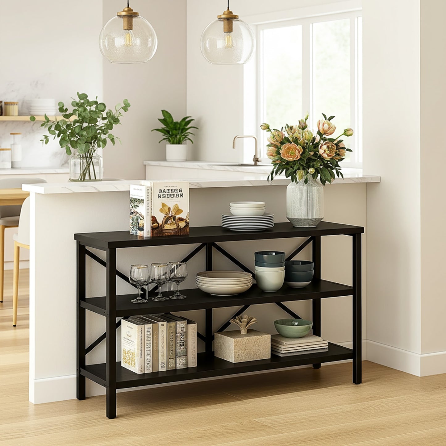 Serenity Industrial Console Table Bookcase TV Stand Storage Shelf Unit (Black)