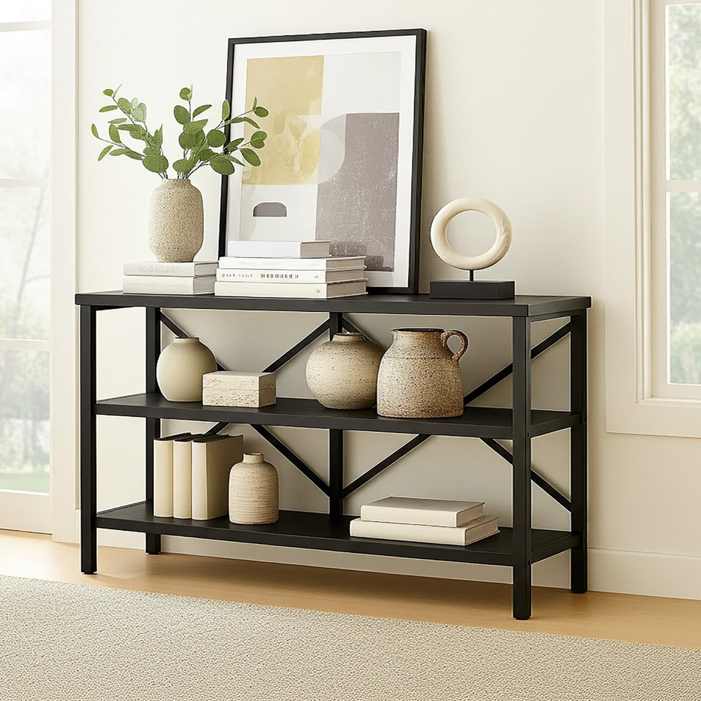 Serenity Industrial Console Table Bookcase TV Stand Storage Shelf Unit (Black)