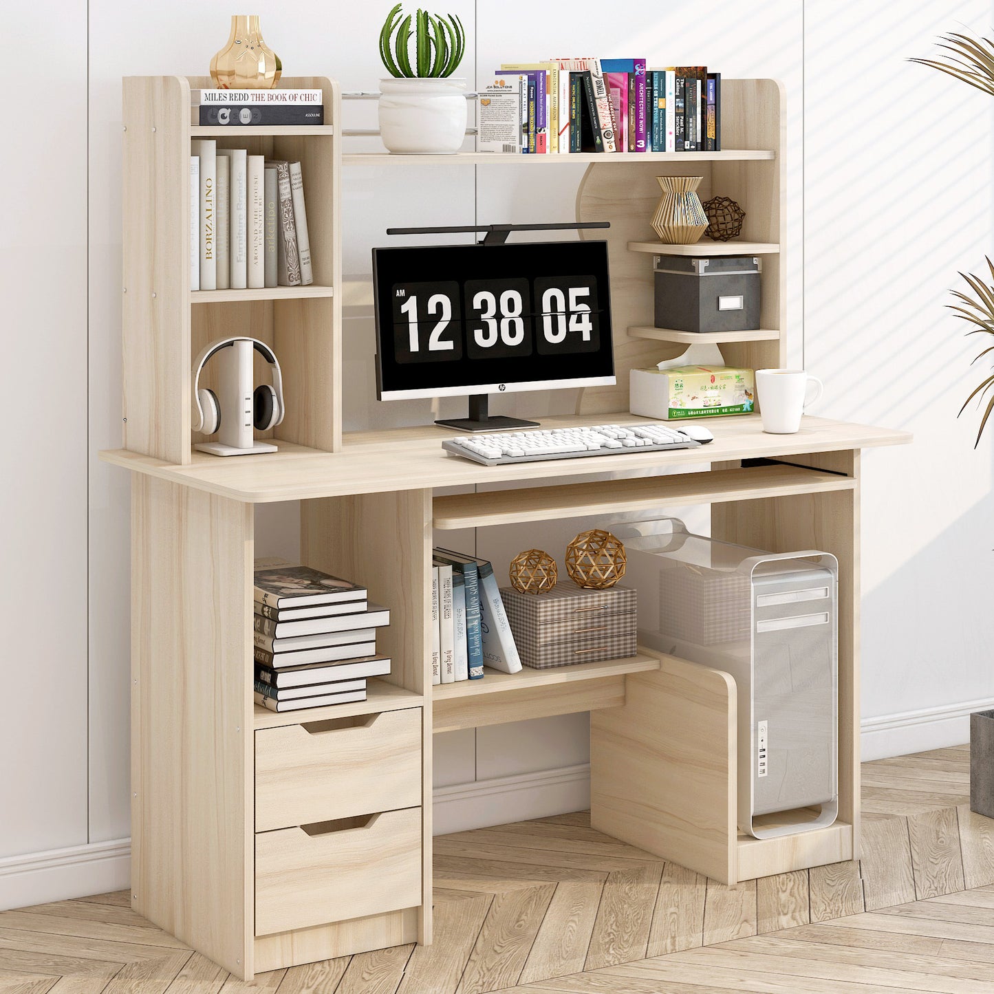 Expert Computer Desk Workstation with Shelf & Cabinet (White Oak)