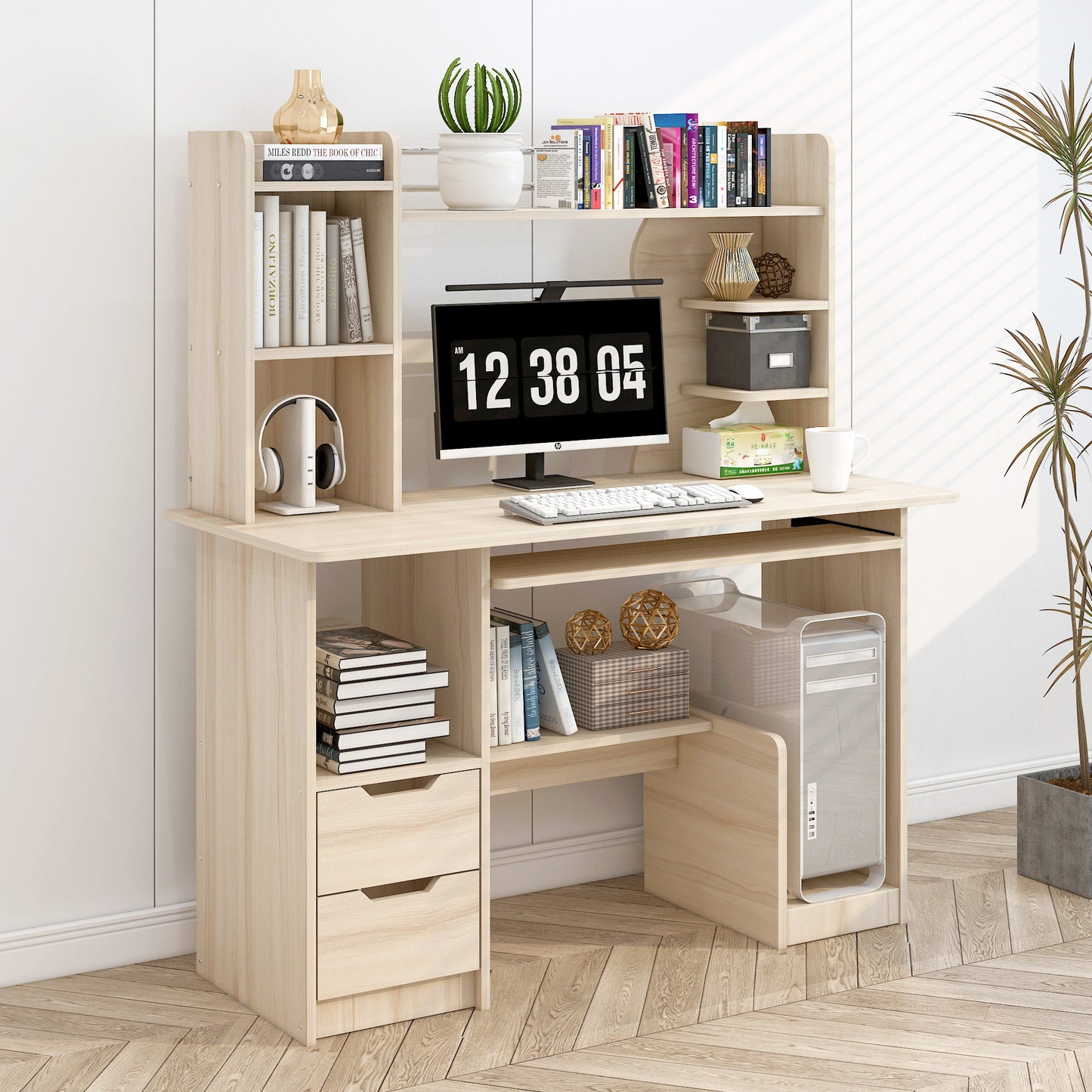 Expert Computer Desk Workstation with Shelf & Cabinet (White Oak)