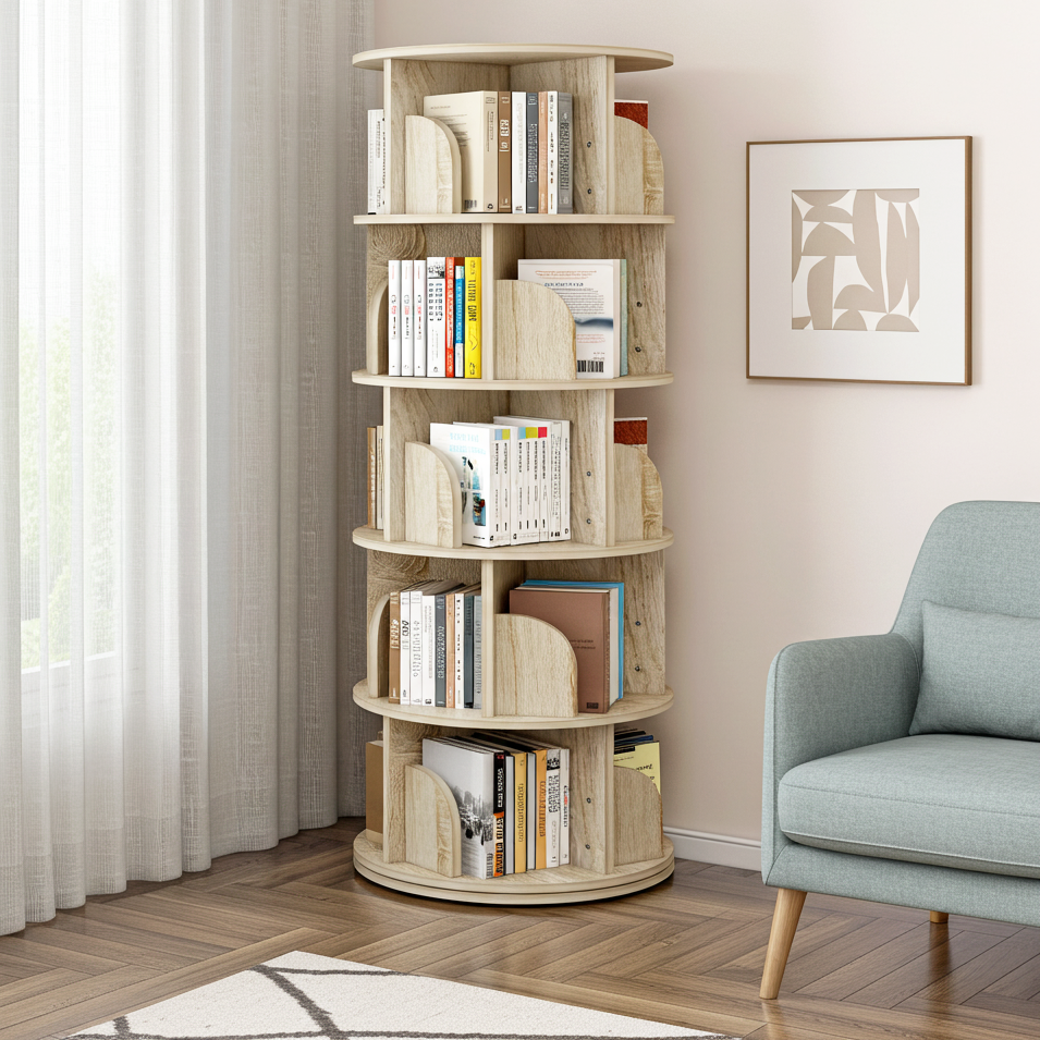 Sanctuary 360-degree Rotating 5 Tier Display Shelf Bookcase Organiser (Coastal Oak)