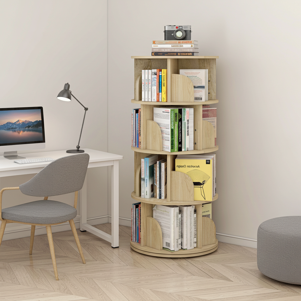Sanctuary 360-degree Rotating 4 Tier Display Shelf Bookcase Organiser (Coastal Oak)