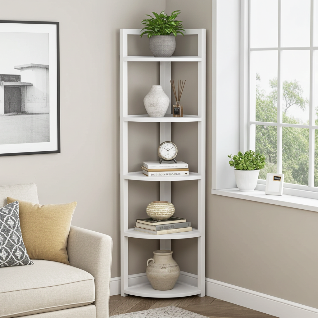 Optima 5 Tier Wood & Steel Corner Shelf Organizer Unit (White)