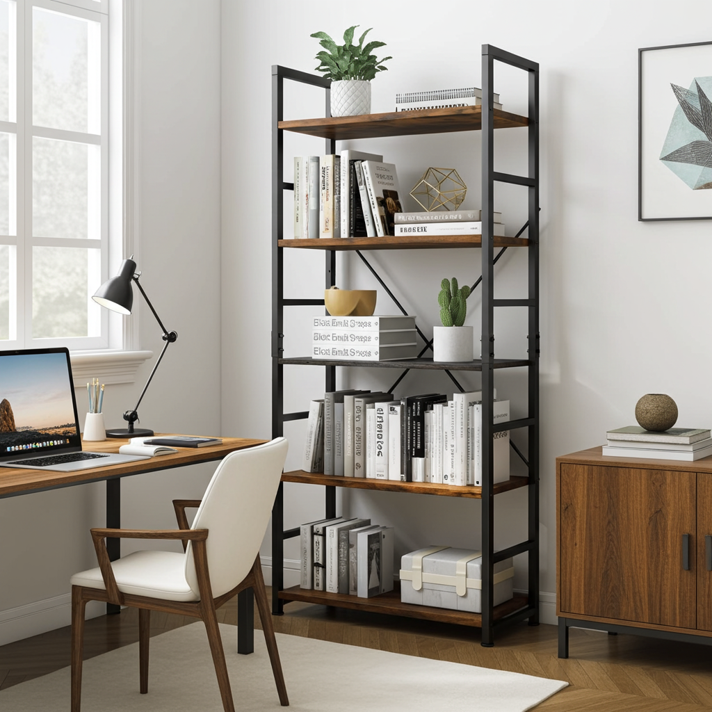 5 Tier Multifunction Heavy Duty Bookcase Rustic Wood & Steel Storage Shelf Organizer