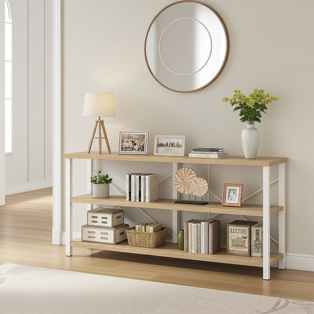 Serenity Industrial Console Table Bookcase TV Stand Storage Shelf Unit (Coastal Oak)