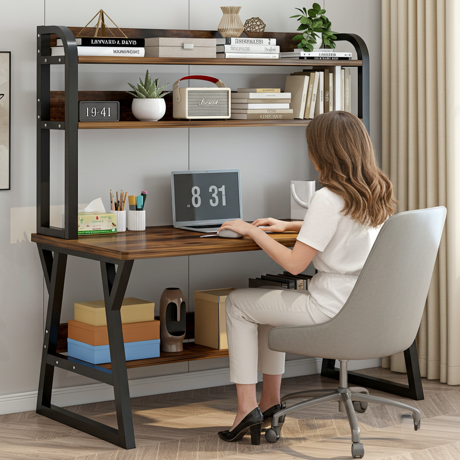 Aspire Large Industrial Office Computer Desk Workstation with Bookshelf (Rustic Wood)