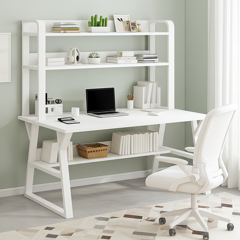 Aspire Large Industrial Office Computer Desk Workstation with Bookshelf (White)