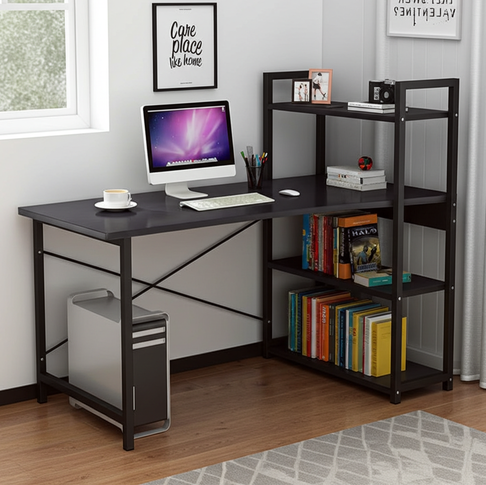 Exceeder Large Workstation Wood & Steel Computer Desk with Bookcase (Black Walnut)