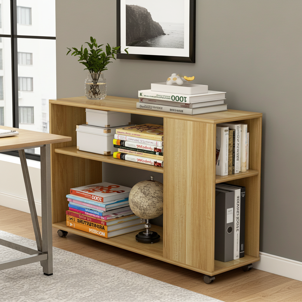 Large Versatile Sofa Side Table & Magazine Shelf with Casters (Oak)