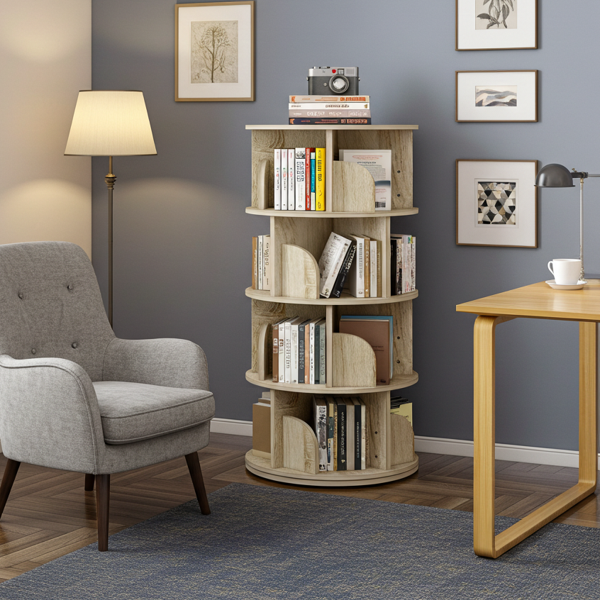 Sanctuary 360-degree Rotating 4 Tier Display Shelf Bookcase Organiser (Coastal Oak)