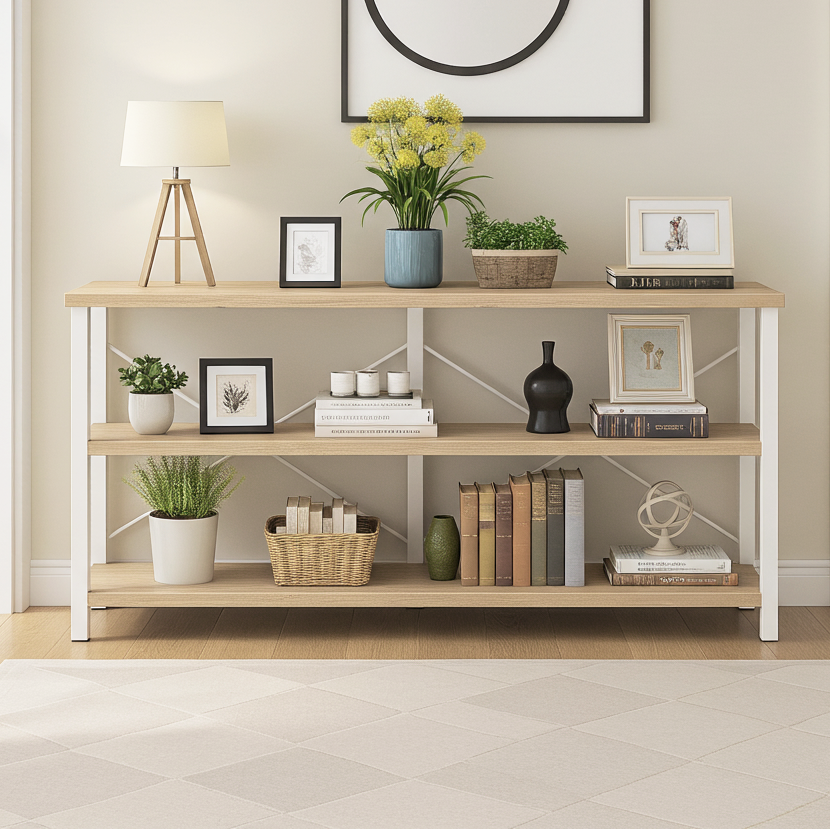 Serenity Industrial Console Table Bookcase TV Stand Storage Shelf Unit (Coastal Oak)