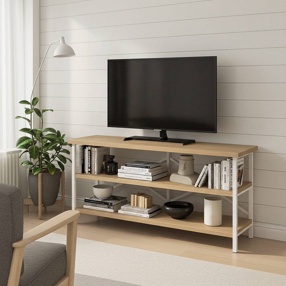 Serenity Industrial Console Table Bookcase TV Stand Storage Shelf Unit (Coastal Oak)