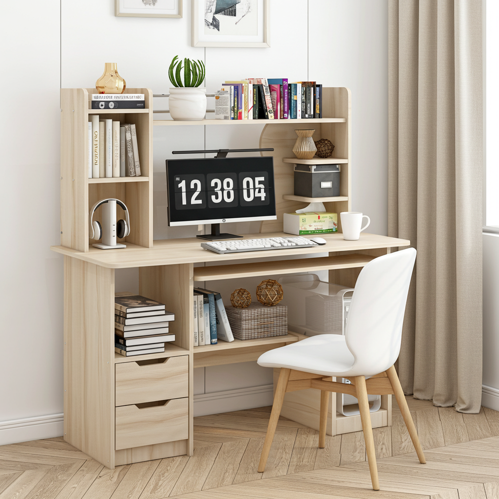 Expert Computer Desk Workstation with Shelf & Cabinet (White Oak)