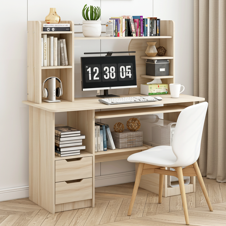 Expert Computer Desk Workstation with Shelf & Cabinet (White Oak)