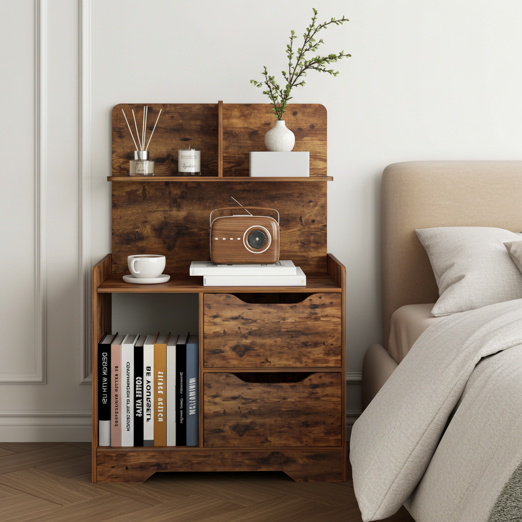 Harmony Tall Rustic Bed Side Table with Chest of Drawers and Shelf