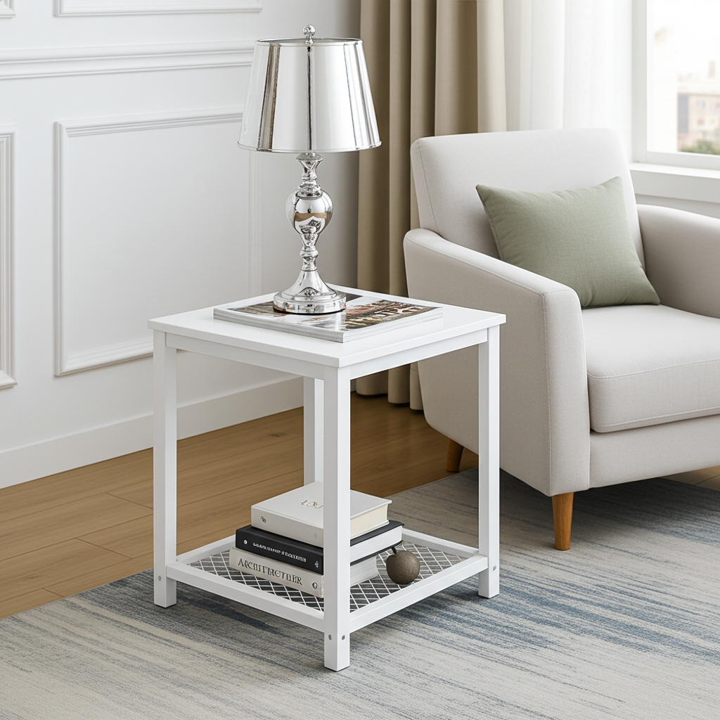 Loft White Industrial Wood & Steel Side Table with Storage Shelf