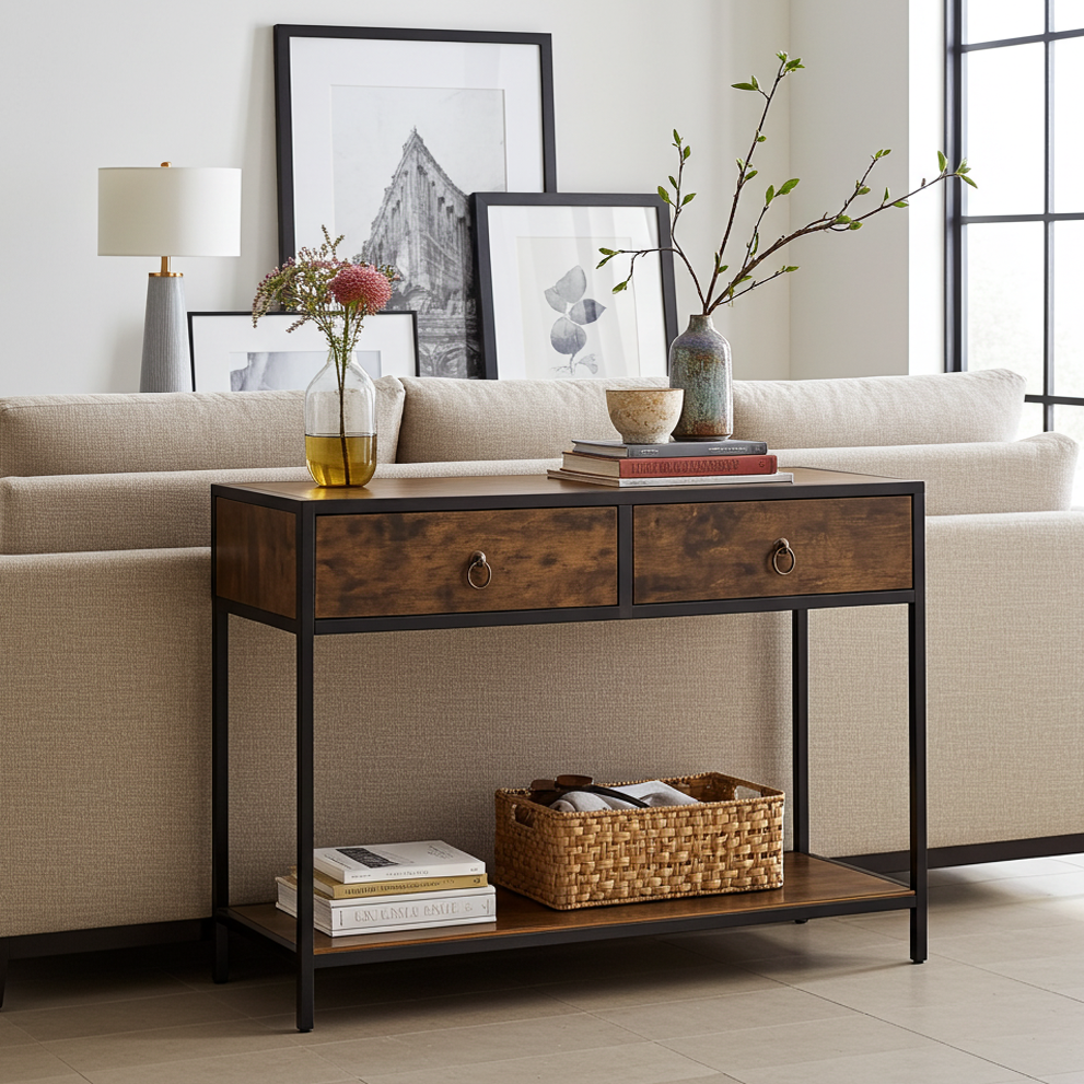 Essence Rustic Console Table with Drawers Hallway Entry Storage Shelf