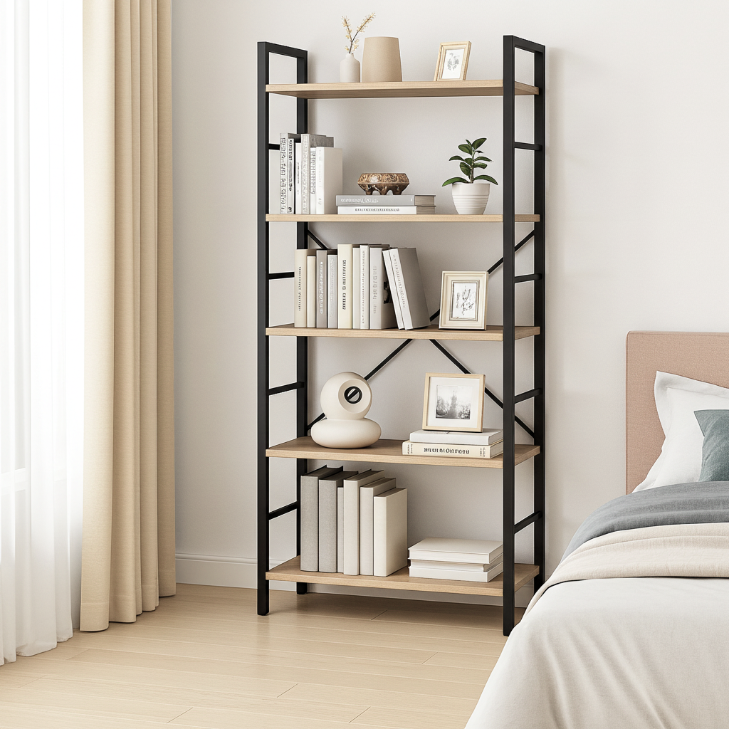 5 Tier Multifunction Heavy Duty Bookcase Wood & Steel Storage Shelf Organizer (Coastal Oak)
