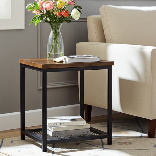 Loft Rustic Industrial Wood & Steel Side Table with Storage Shelf