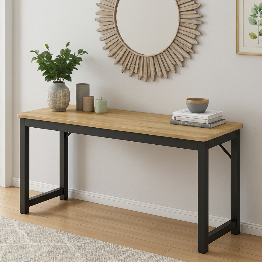 Profile Console Table Wood & Metal Narrow Desk (Rustic Oak)