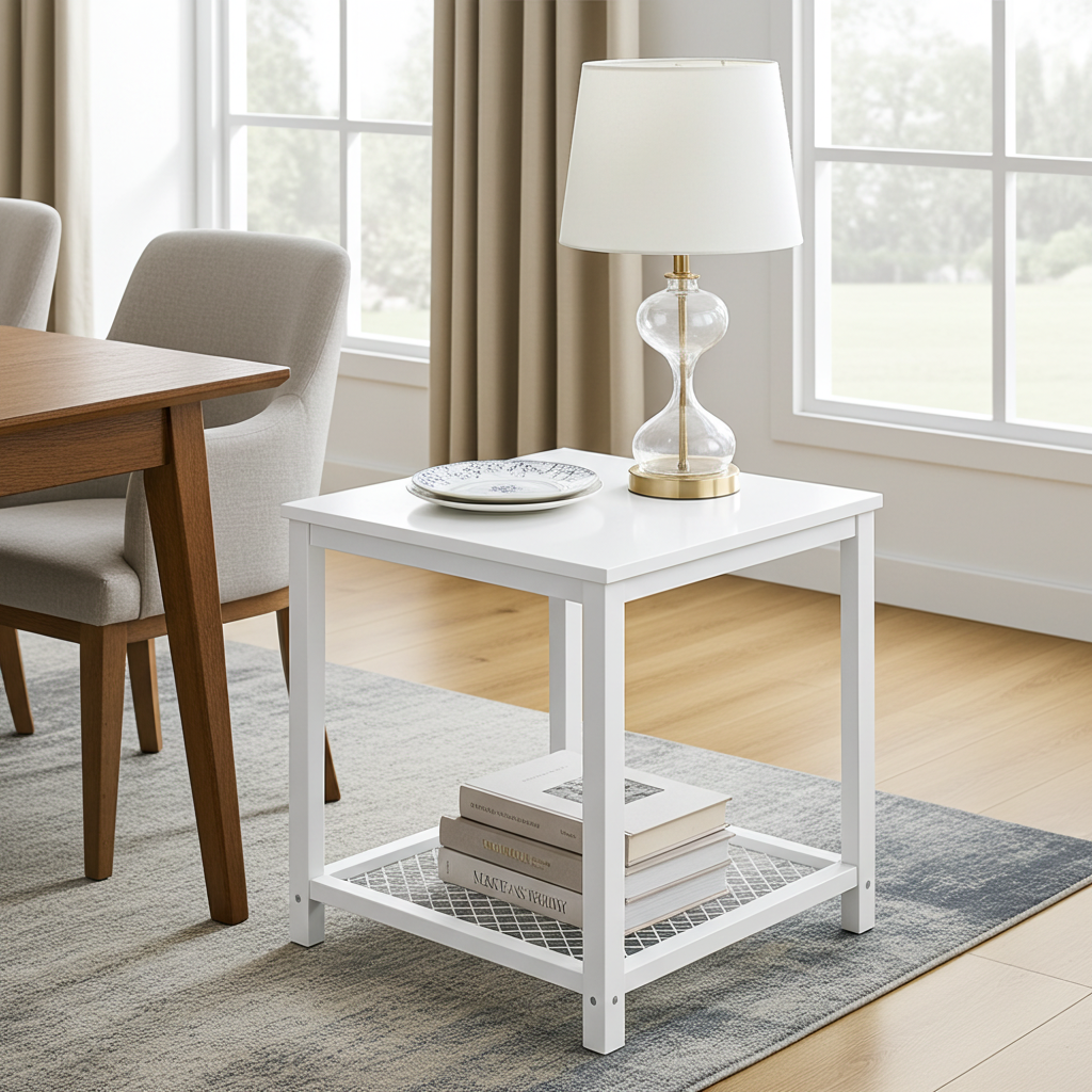 Loft White Industrial Wood & Steel Side Table with Storage Shelf