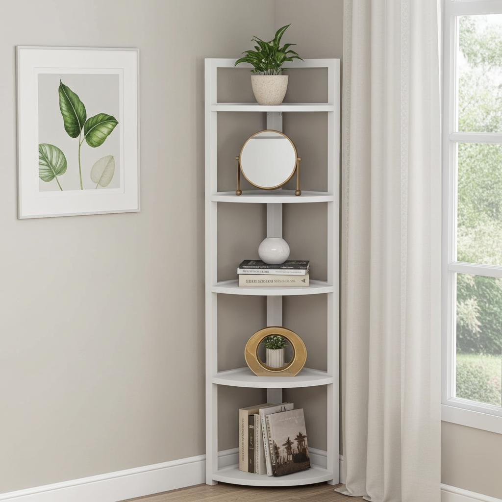 Optima 5 Tier Wood & Steel Corner Shelf Organizer Unit (White)