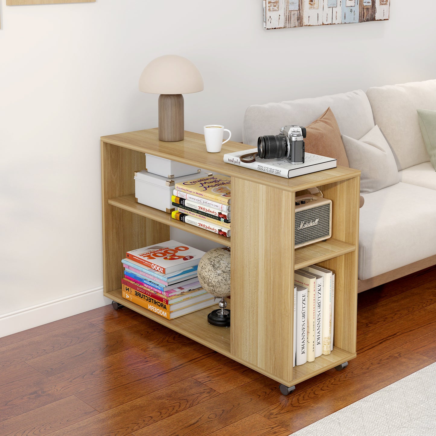Large Versatile Sofa Side Table & Magazine Shelf with Casters (Oak)