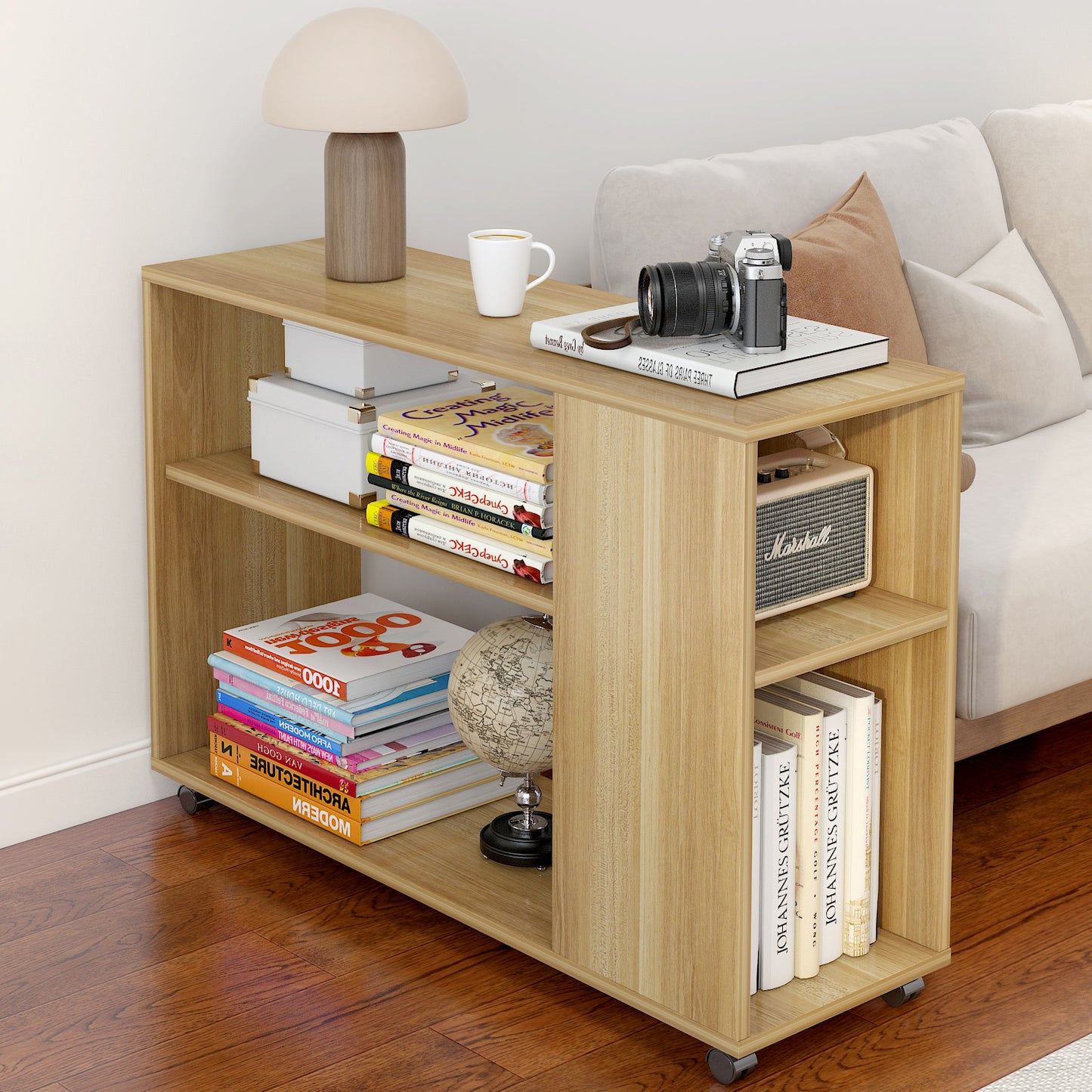 Large Versatile Sofa Side Table & Magazine Shelf with Casters (Oak)