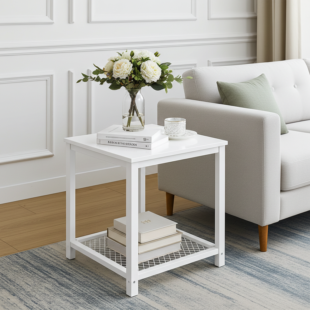 Loft White Industrial Wood & Steel Side Table with Storage Shelf