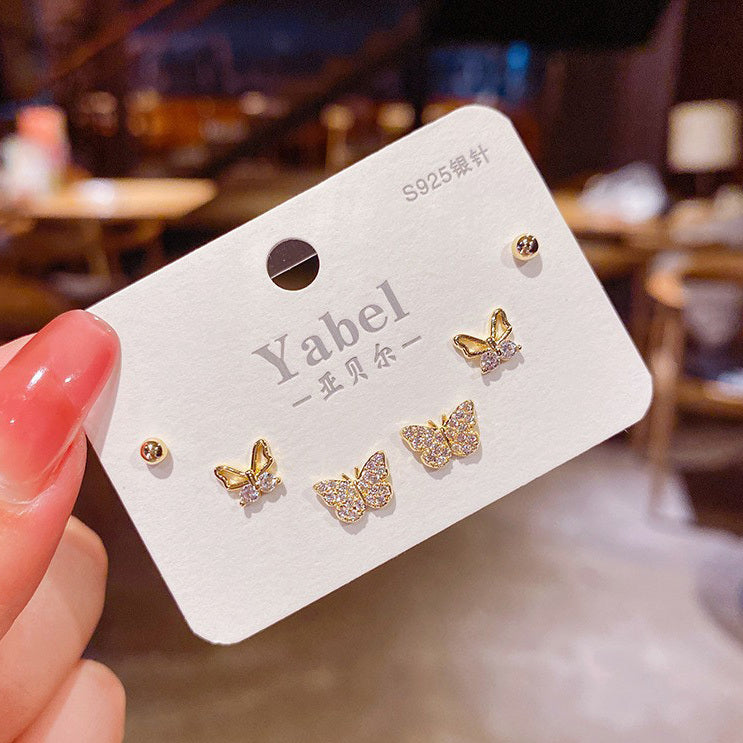 3 Pairs Crystal Butterfly Sterling Silver Stud Earrings Set - Dshop.com.au