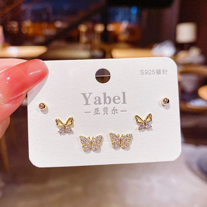 3 Pairs Crystal Butterfly Sterling Silver Stud Earrings Set - Dshop.com.au