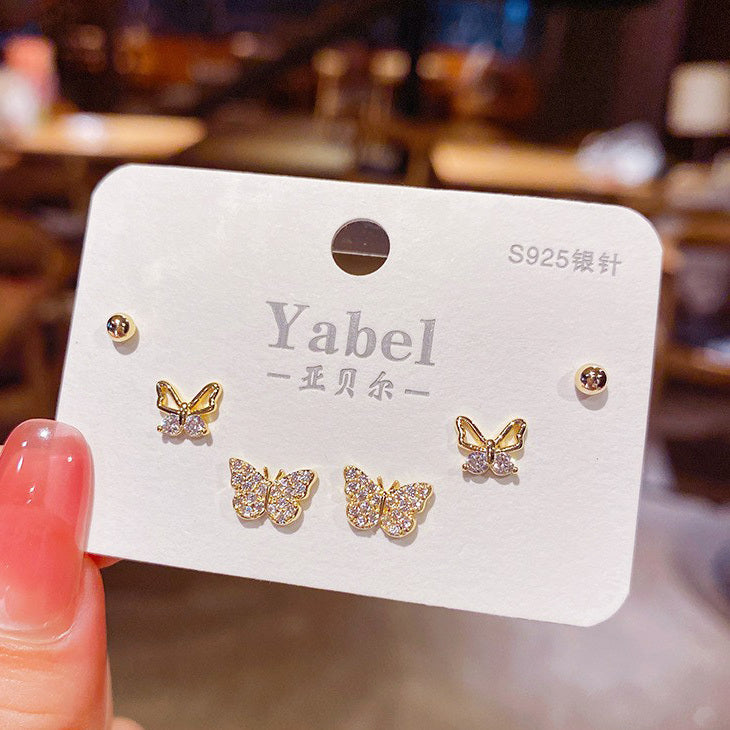 3 Pairs Crystal Butterfly Sterling Silver Stud Earrings Set - Dshop.com.au