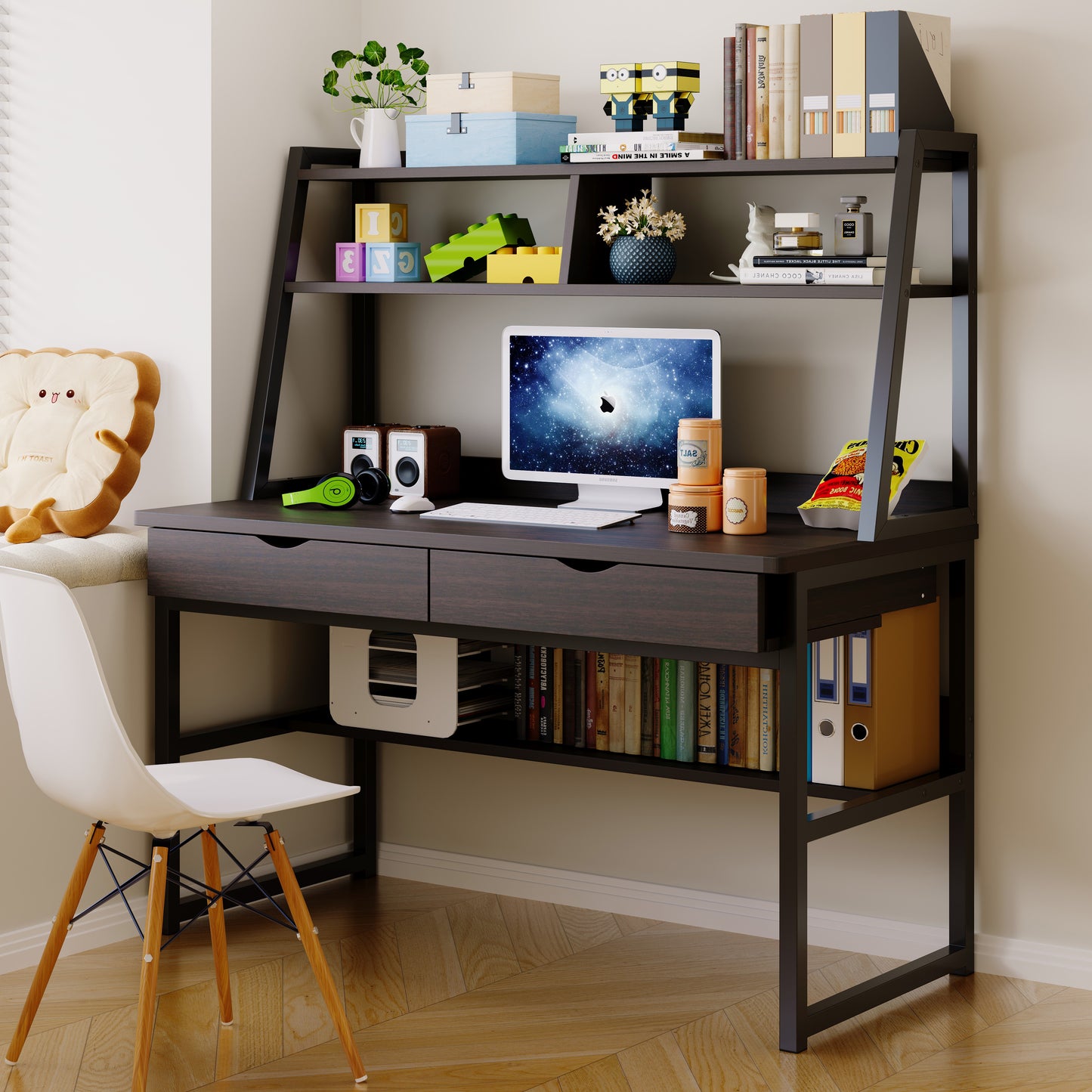 Enterprise Large Computer Desk Workstation with Shelves & Drawers (Black)