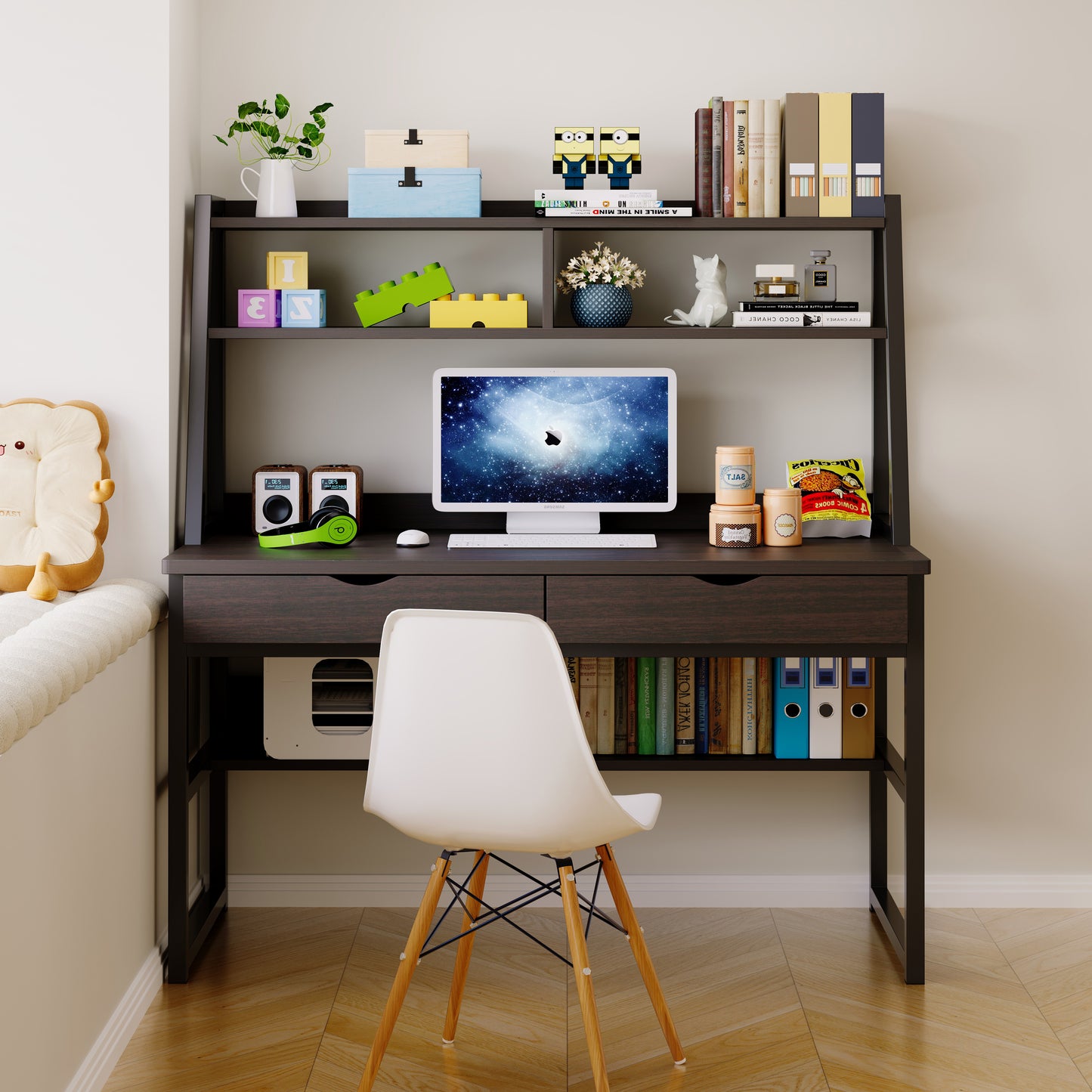 Enterprise Large Computer Desk Workstation with Shelves & Drawers (Black)