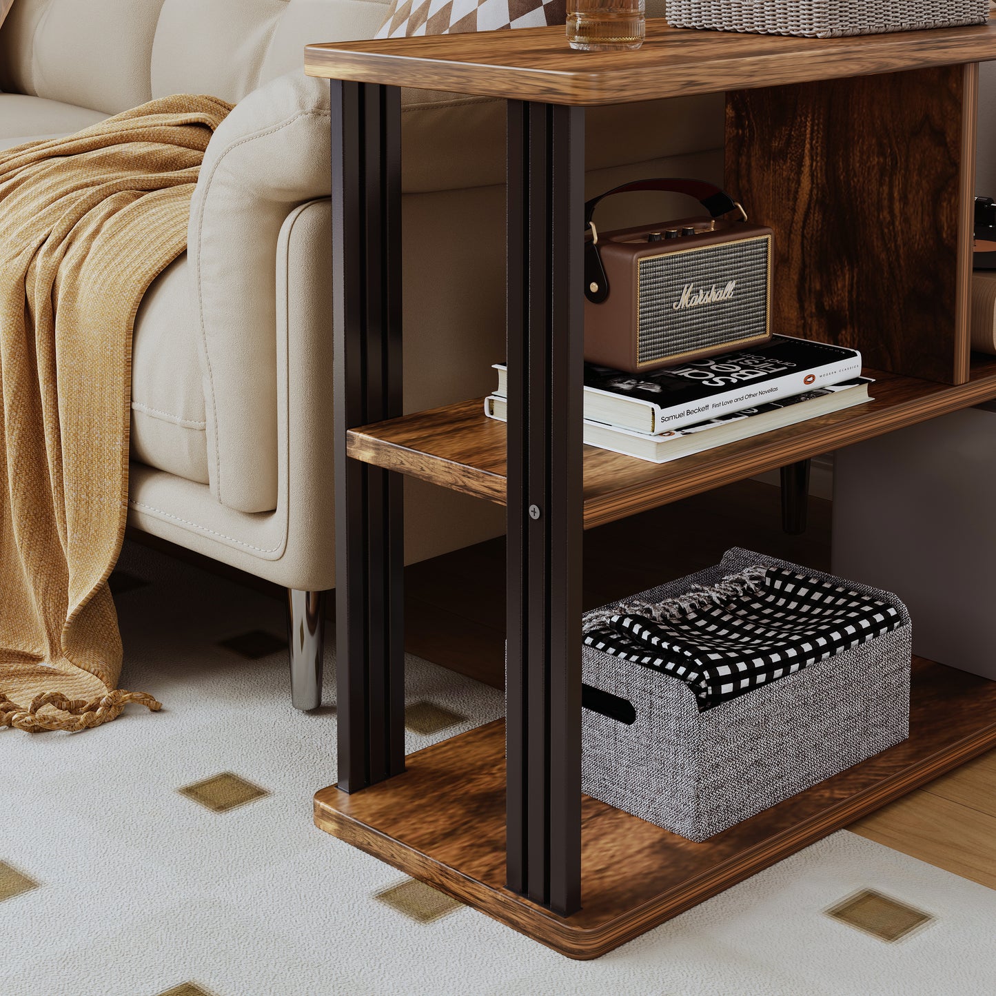 Icon Wood and Steel Sofa Side Table with Shelves (Rustic Wood)