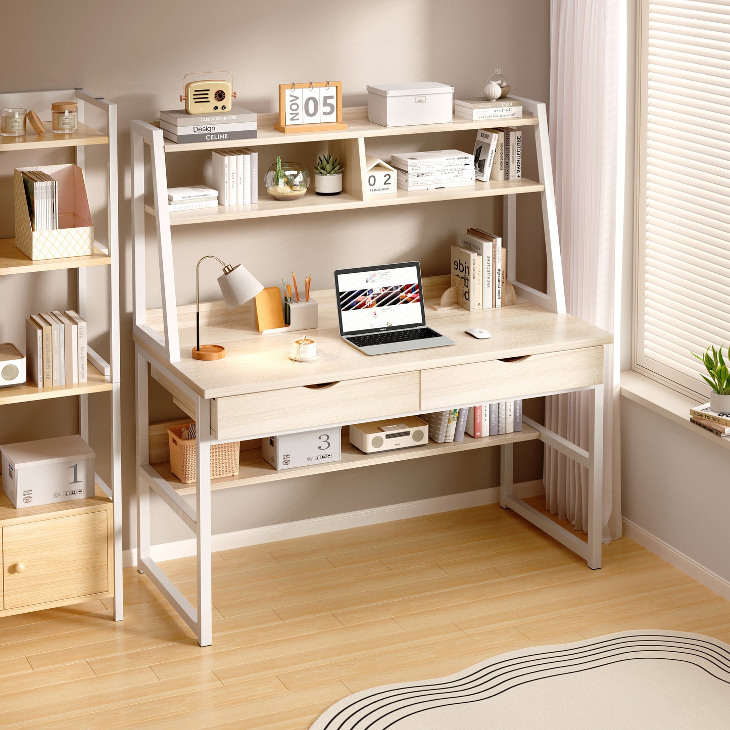 Enterprise Large Computer Desk Workstation with Shelves & Drawers (White Oak)