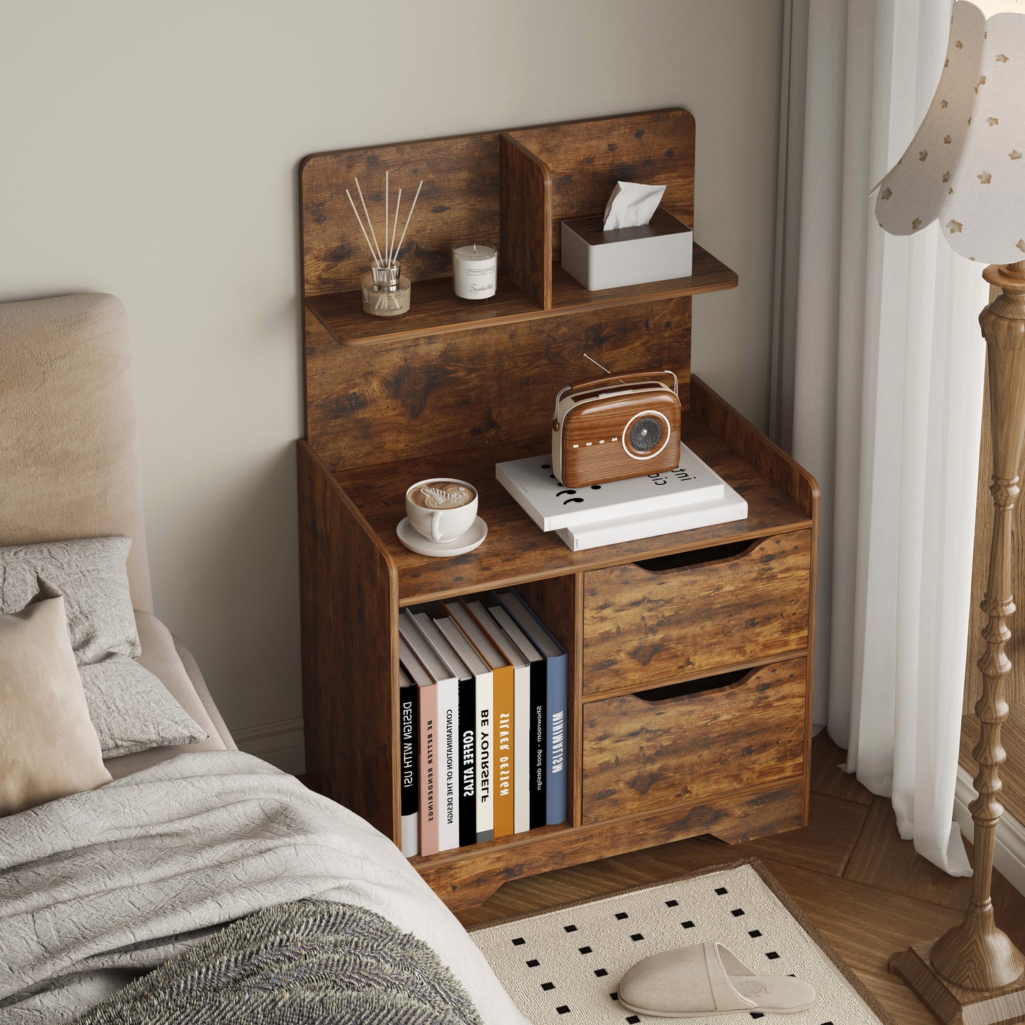 Harmony Tall Rustic Bed Side Table with Chest of Drawers and Shelf