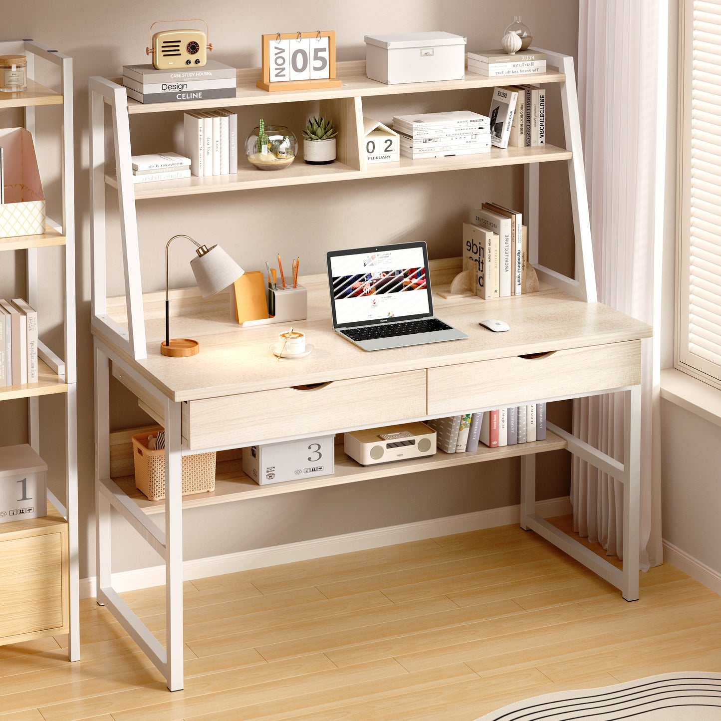 Enterprise Large Computer Desk Workstation with Shelves & Drawers (White Oak)