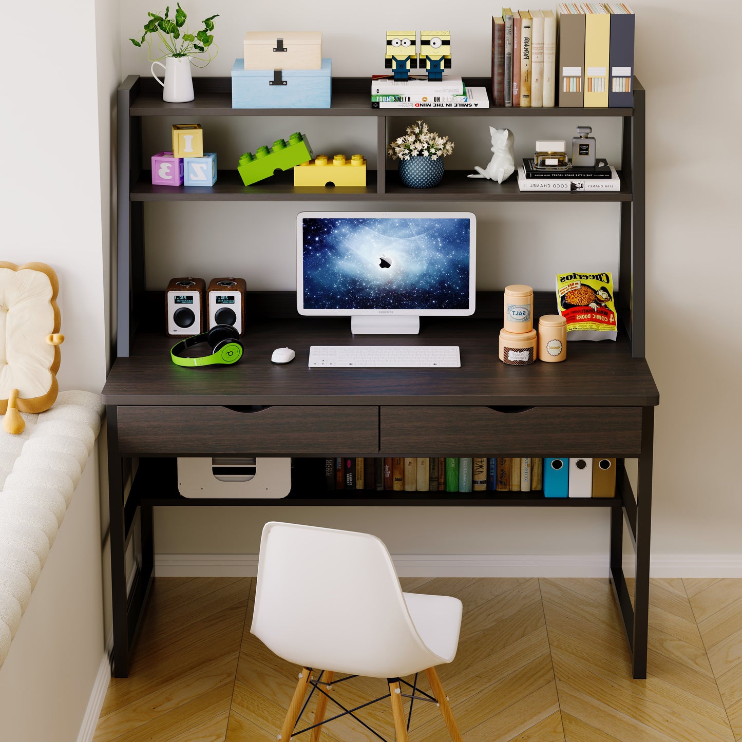 Enterprise Large Computer Desk Workstation with Shelves & Drawers (Black)