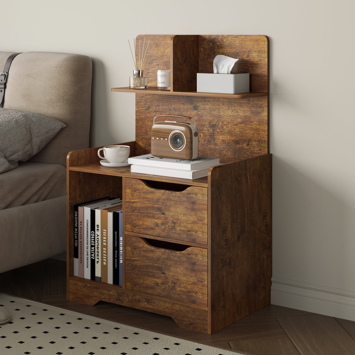 Harmony Tall Rustic Bed Side Table with Chest of Drawers and Shelf