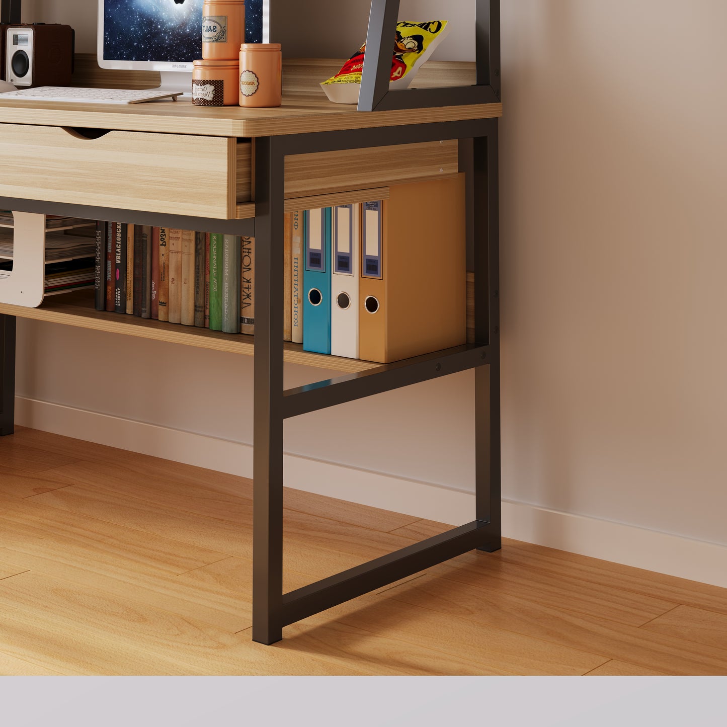 Enterprise Large Computer Desk Workstation with Shelves & Drawers (Oak)