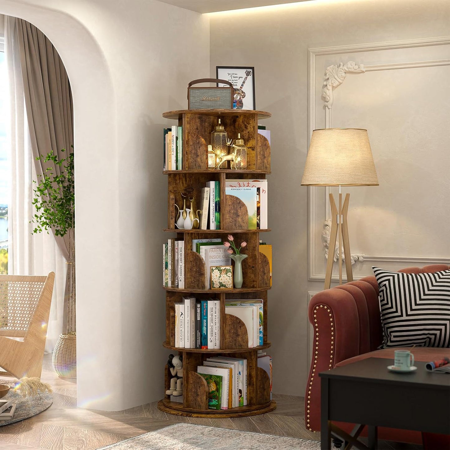 Sanctuary 360-degree Rotating 5 Tier Display Shelf Bookcase Organiser (Rustic Wood)