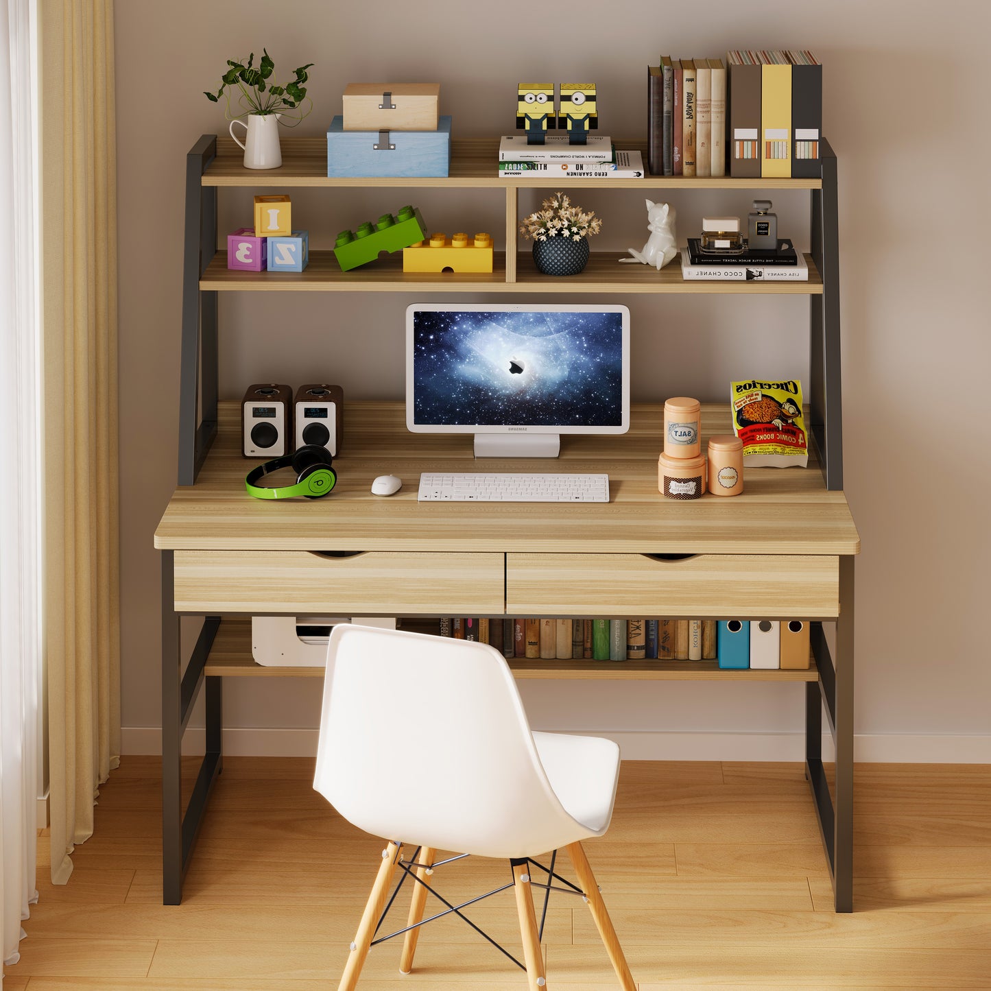 Enterprise Large Computer Desk Workstation with Shelves & Drawers (Oak)