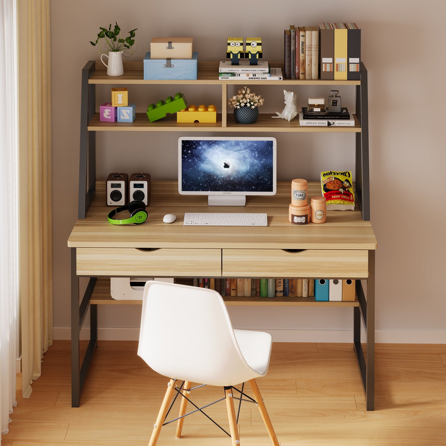 Enterprise Large Computer Desk Workstation with Shelves & Drawers (Oak)