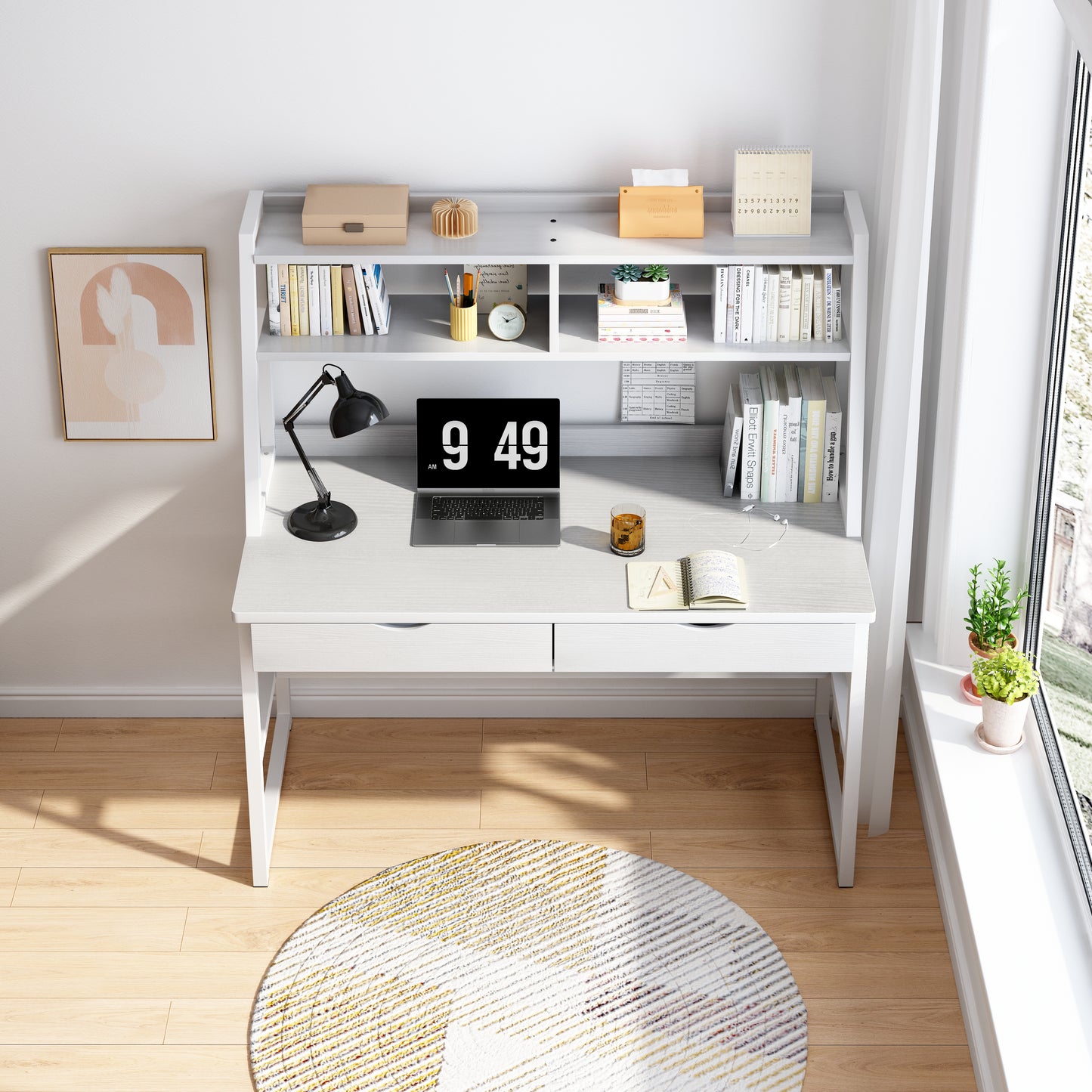 Enterprise Large Computer Desk Workstation with Shelves & Drawers (White)