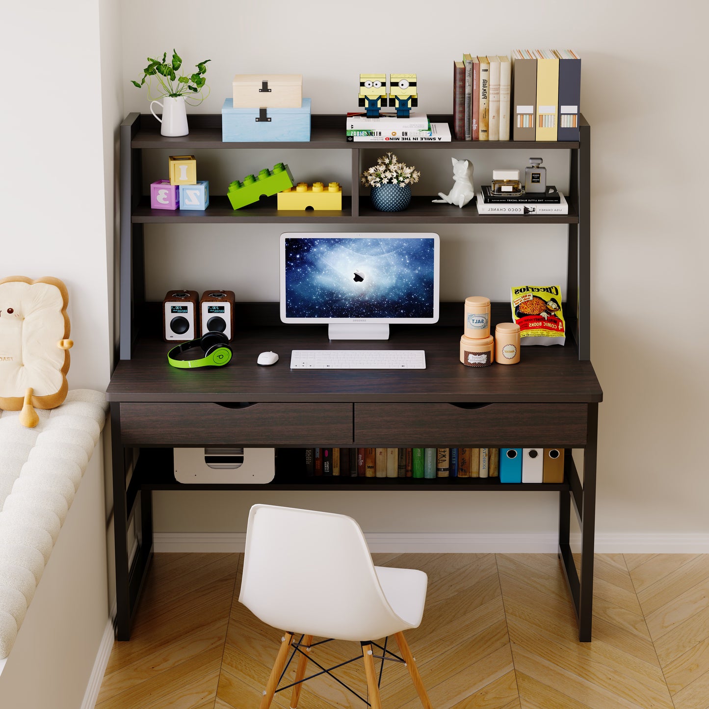 Enterprise Large Computer Desk Workstation with Shelves & Drawers (Black)