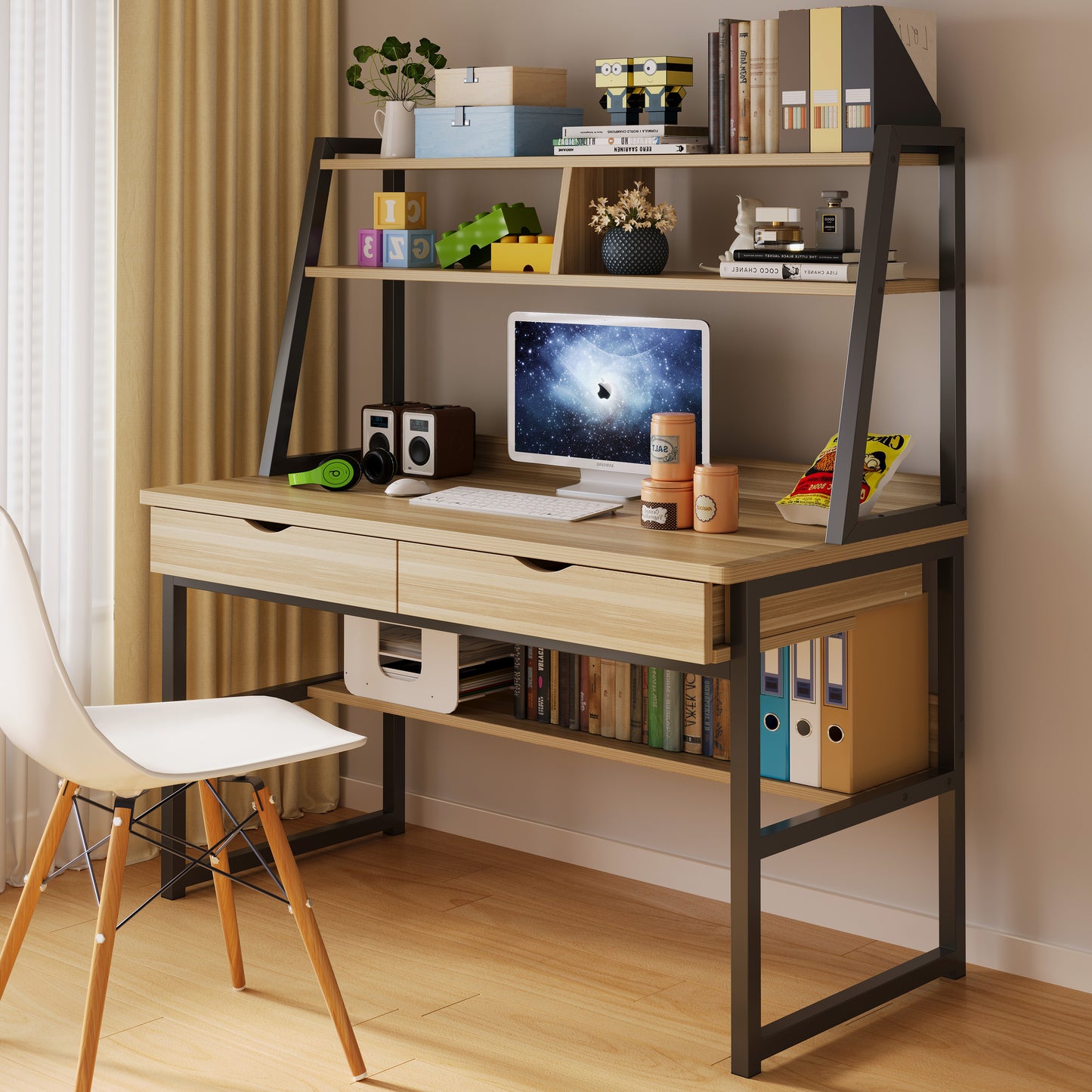 Enterprise Large Computer Desk Workstation with Shelves & Drawers (Oak)