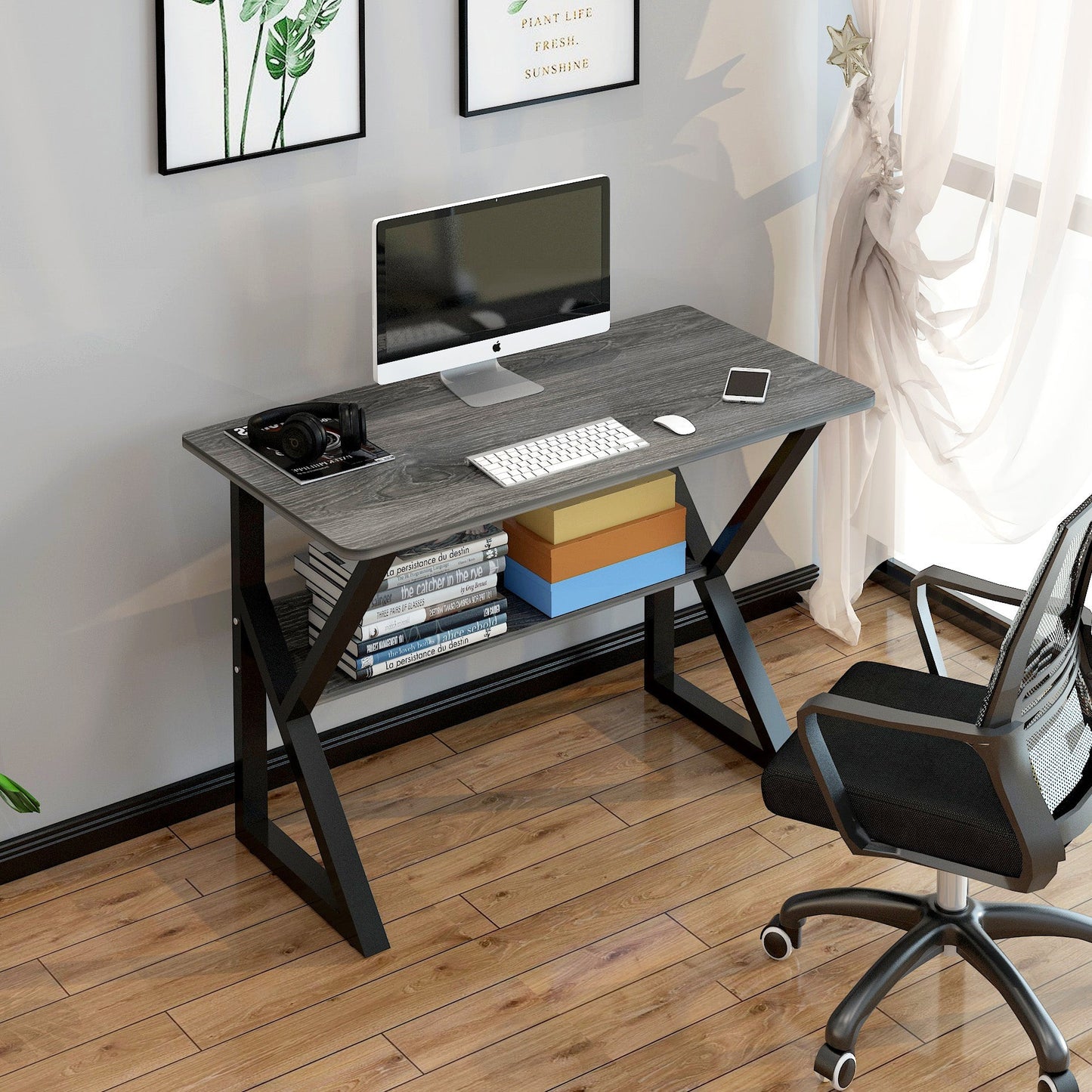 Kori Wood & Metal Computer Desk with Shelf (Driftwood Grey) - 80cm