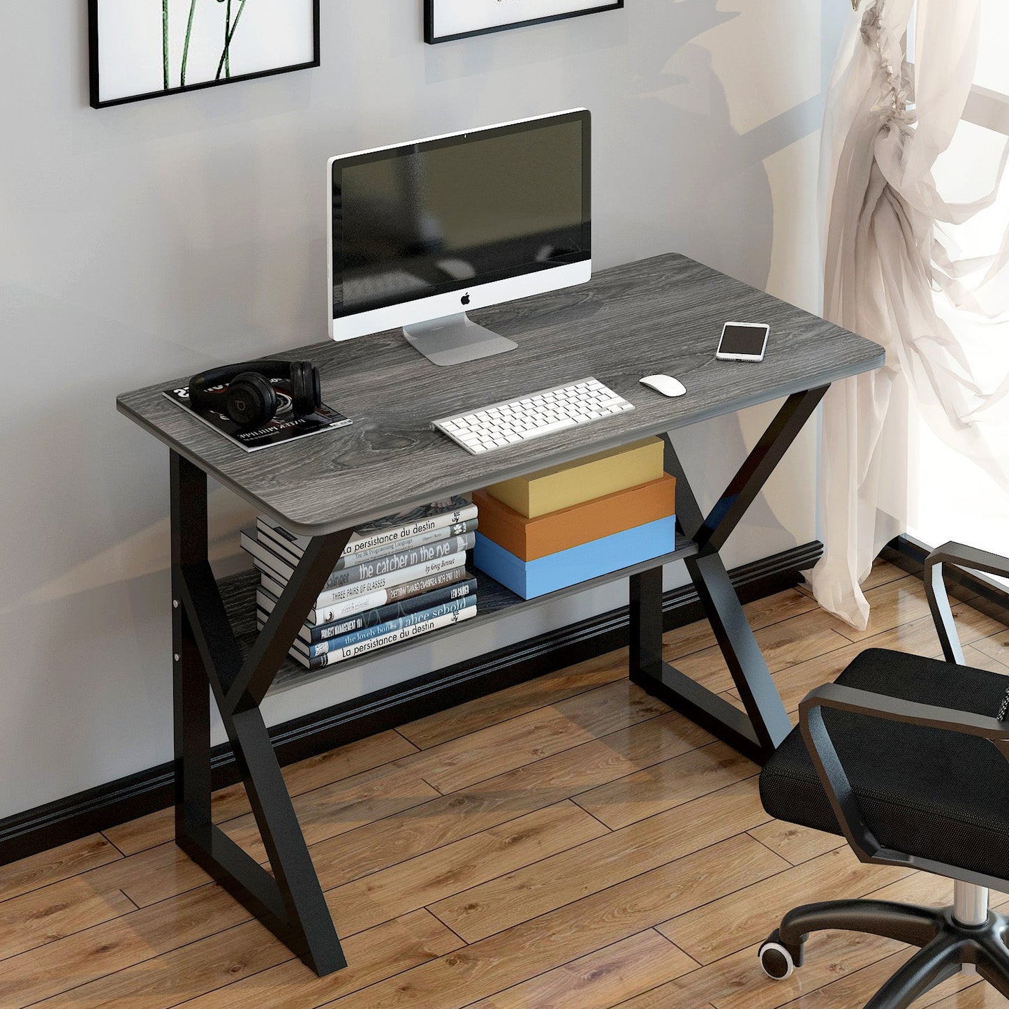 Kori Wood & Metal Computer Desk with Shelf (Driftwood Grey) - 80cm