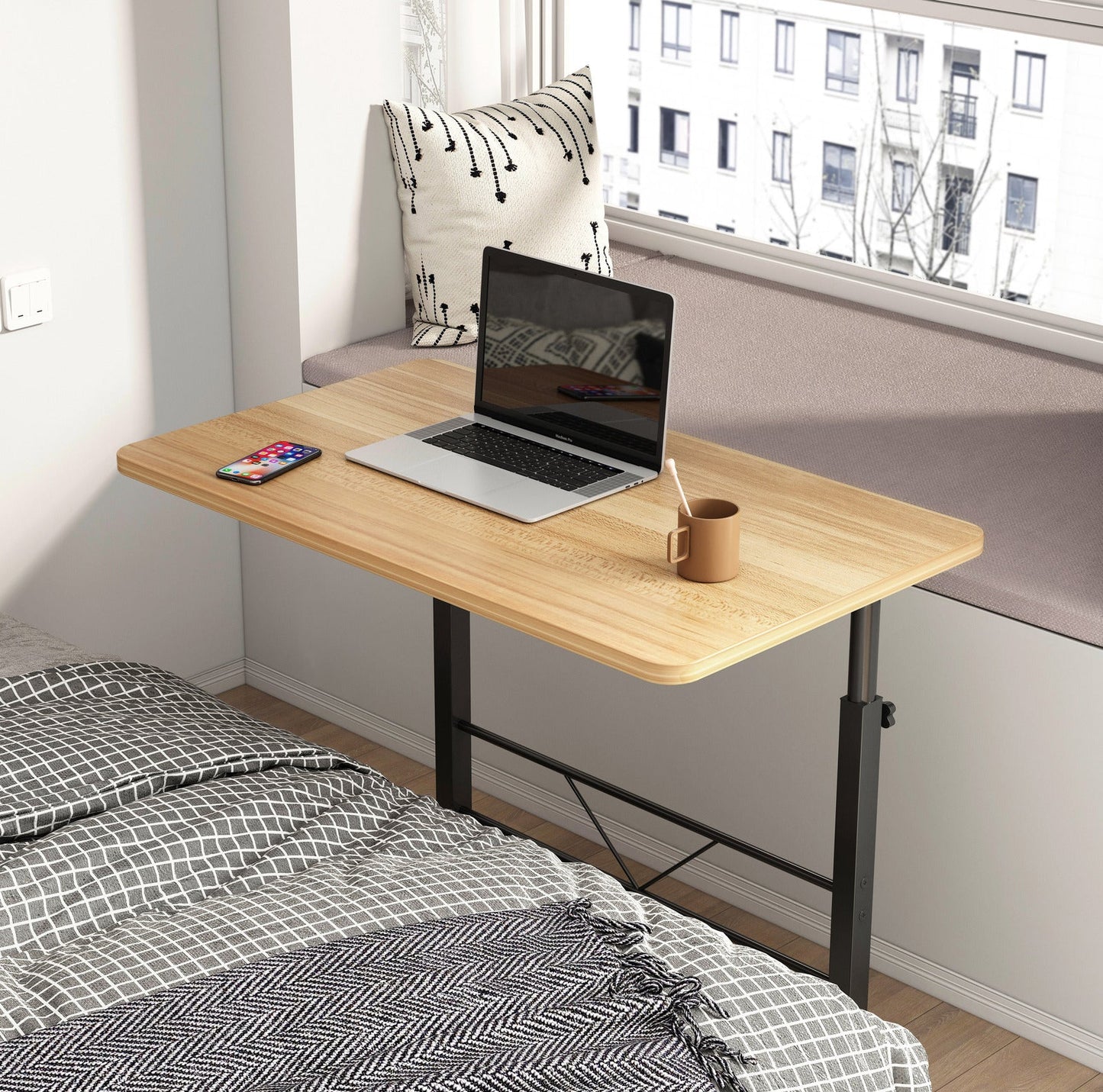 Adjustable Portable Rustic Oak Sofa Bed Side Table Laptop Desk with Wheels